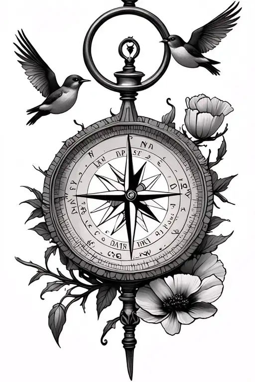 Compass With Poppy Flower And Flying Robins Around It