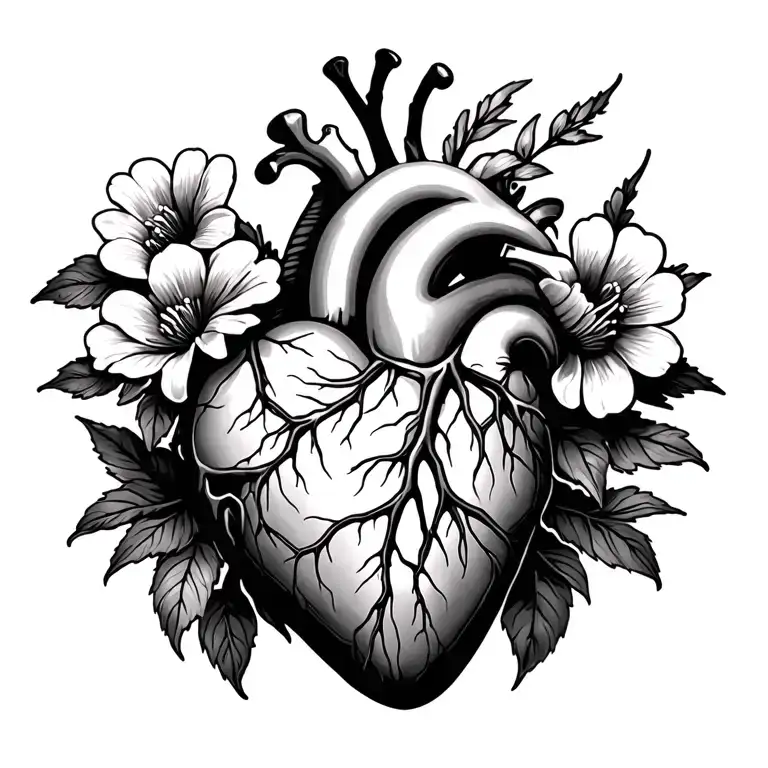 Anatomical Heart And Multiple Flowers