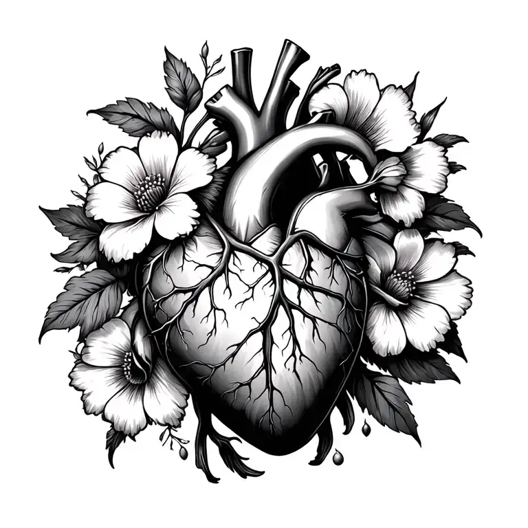 Black Anatomical Heart And Multiple Flowers