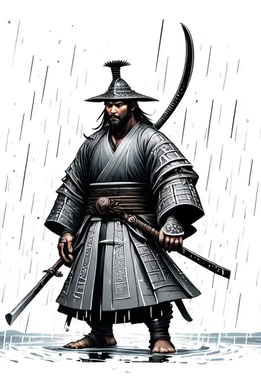 Japanese Samurai Standing On Rain