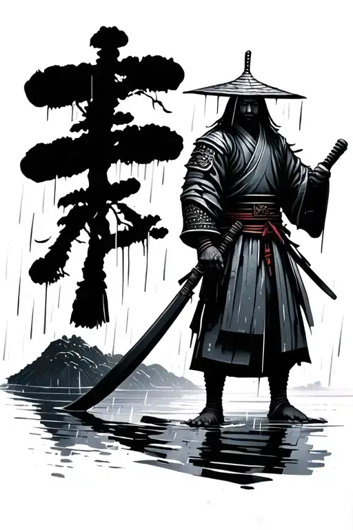 Japanese Samurai Standing On Rain Silhouette