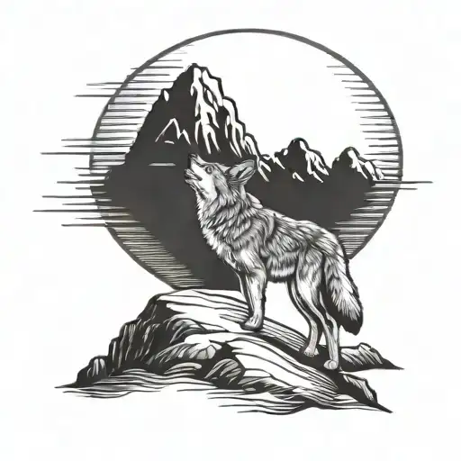 Coyote Howling At The Moon In Front Of The Mountains
