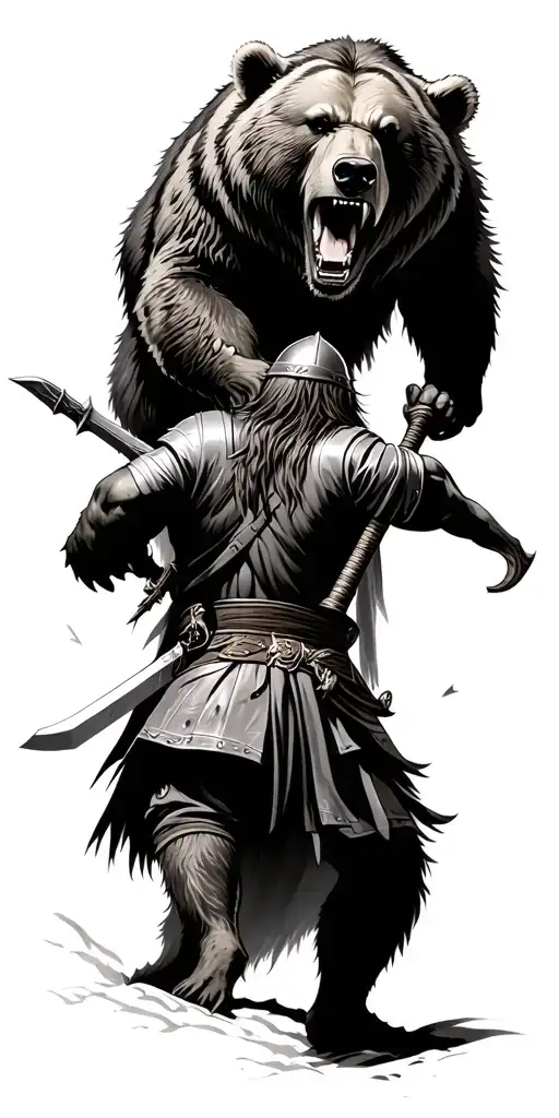 Grizzly Bear Attacking Above A Viking Wielding A Sword