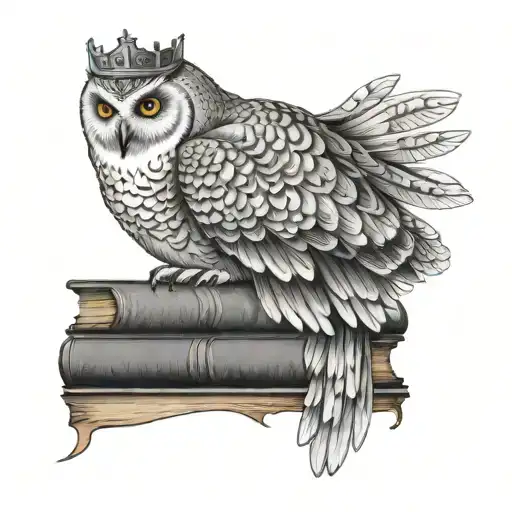 Snowy Owl Standing On A Stack Of Books Wearing A Crown