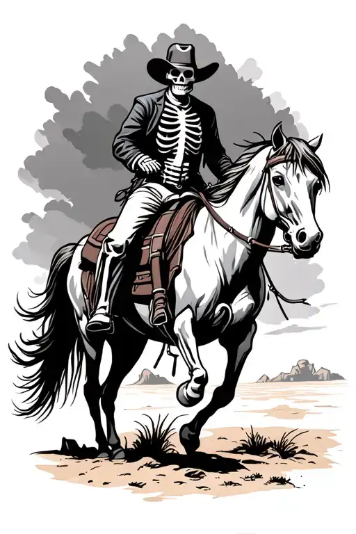 Skeleton Cowboy Riding Horse In Desert With Pump Jack In Background
