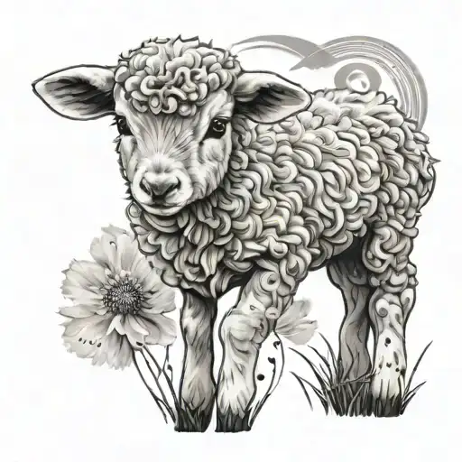 A Baby Lamb In A Feild Of Dandelions Blowing In The Wind