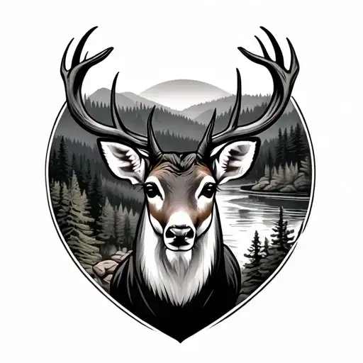 Large Doe Head With Forrest Clearing And River As Background