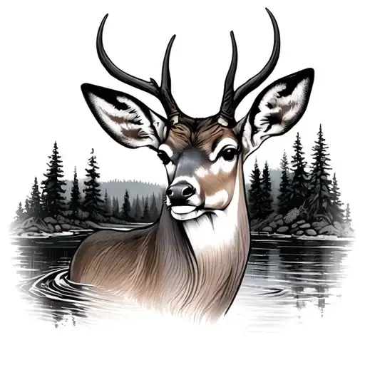 Large Doe Head With Forrest Clearing And River As Background