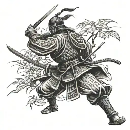 Samurai Doing Back Kick And Ivy Leaves