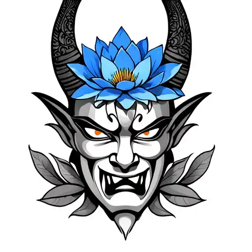 Sri Lankan Devil Mask With Blue Lotus Flowers
