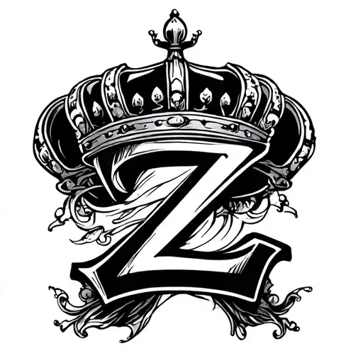 A Capital Z With A Intricate Crown Sitting On The Top Of It In Black And White
