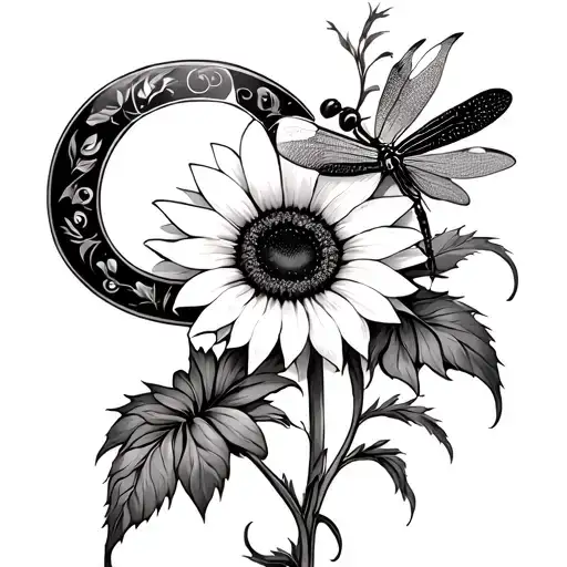 Imfinity Sign Wirh A Dragonfly And Sunflower Growing