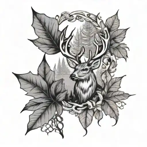 Leaf With A Buck And Forest In The Middle