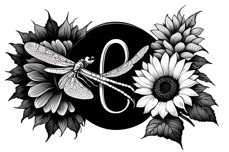 Imfinity Sign With A Dragonfly In De Left Loop And A Sunflower In The Right Loop