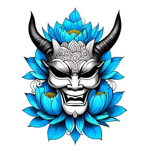 Sri Lankan Devil Mask With Blue Lotus Flowers Intertwined