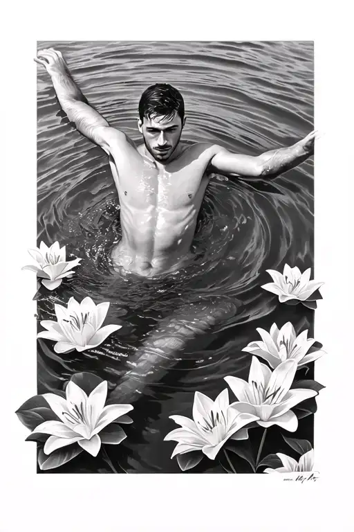 Overhead View Of Man Swimming In Water Surrounded By Lilly Flowers