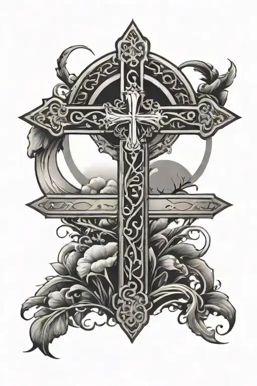 Christian Cross In A Field And Muslim Crescent Shining Over It