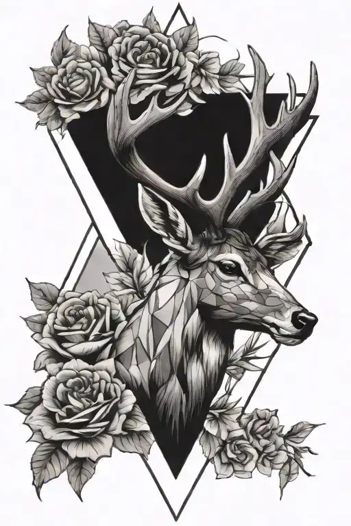 Geometric Deer Inside A Triangle Surrounded By Carnations