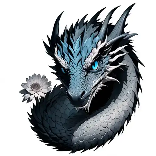 Dragon Saphira From Inheritance Cycle From Front View With Blue Eyes With Chrysanthemum Flowers