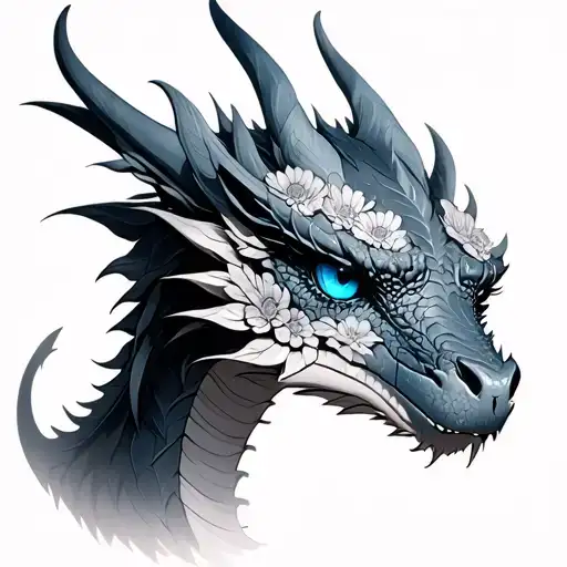 Dragon Saphira From Inheritance Cycle From Front View With Blue Eyes With Chrysanthemum Flowers