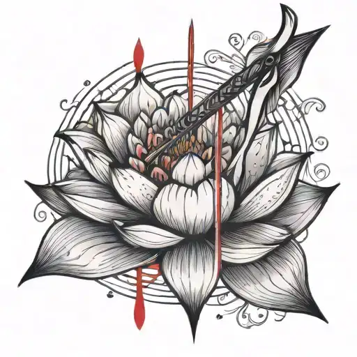 A Bow And Arrow Wrapped Around A Red String And Lotus