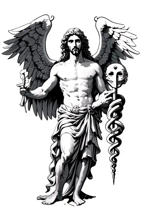 St Raphael Holding A Caduceus His Multiple Mask To Show