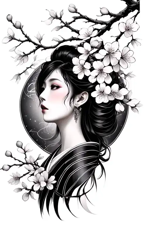 Japanese Woman Dark Sorrounded By Cherry Blossom Dark Background
