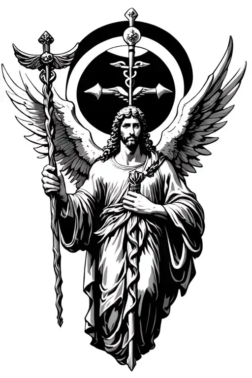 St Raphael Holding A Caduceus Staff Symbol Incorporating Elements