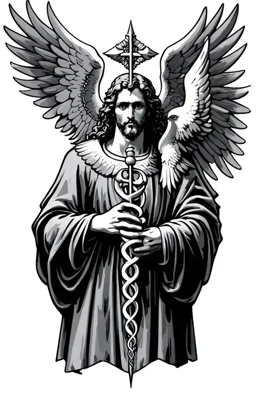 St Raphael Holding A Caduceus Staff Symbol Incorporating Elements Dove