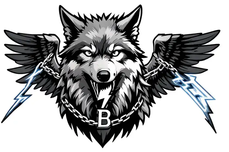 Wolf With A Lightning Bolt In It's Mouth And Wings It Has A Chain That Says B And Has A Robot Eye