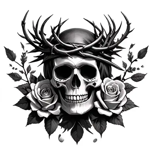 Realistic Sant Muerta Skull With Thorn Crown And Small Roses All Over