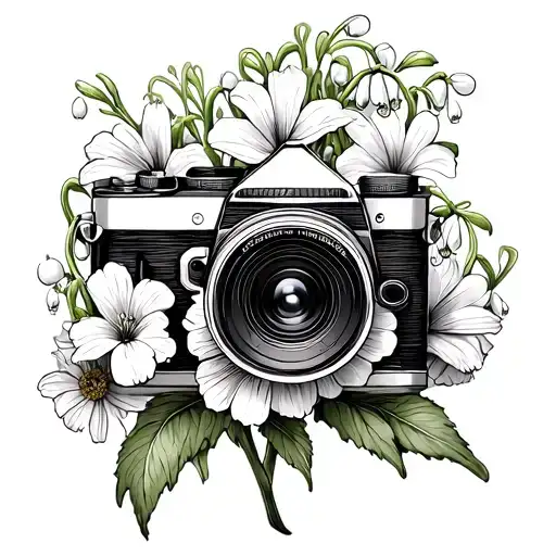 Simple Sketch Style Camera With Lily Of The Valley Flowers And Marigolds In The Back