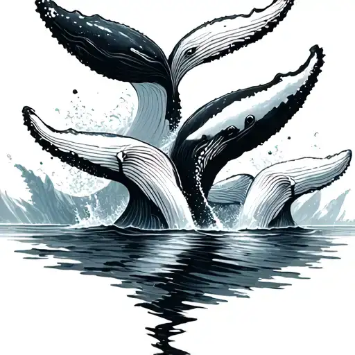 Three Whale Tails Coming Out Of Water