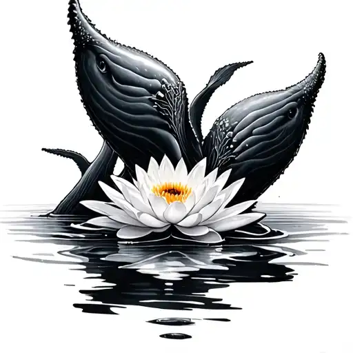 Three Whale Tails Coming Out Of Water Lily