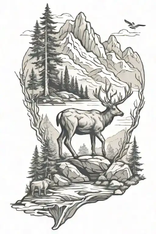 A Forest With A River And Mountains And A Deer A Bear And A Mountain Lion Sleeve