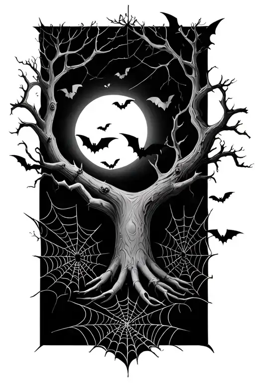 Poison Tree And Bats Flying And Moon Spiders And Webs