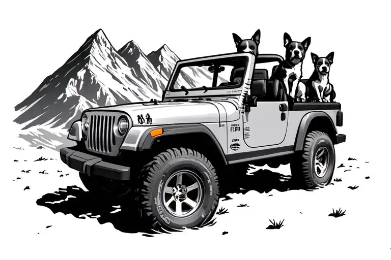 Small Jeep Driving On Mountain Range With 2 Dogs Riding In The Back