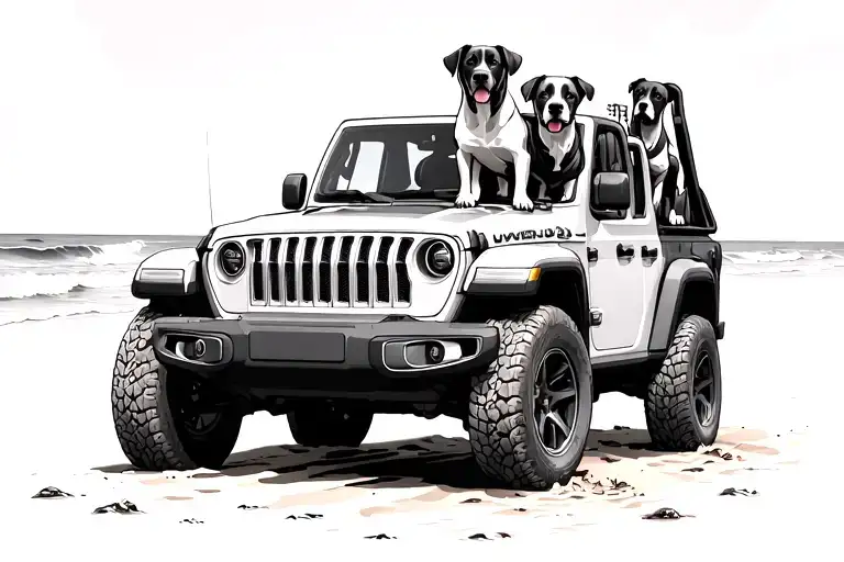 Jeep Gladiator Driving On The Beach With 2 Dogs Riding In The Back