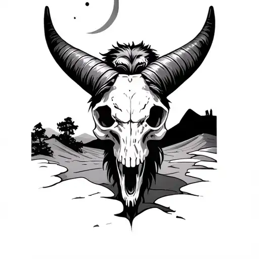 Long Horn Skull Under Moon Night Desert Landscape With Lion Head On Top