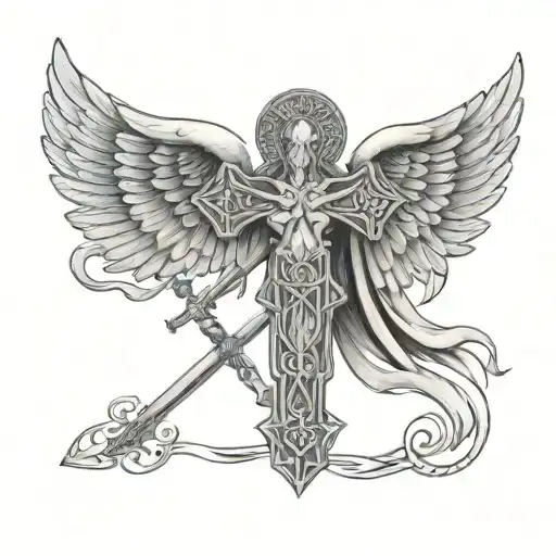 Celtic Cross And Angel With Wings And Sword