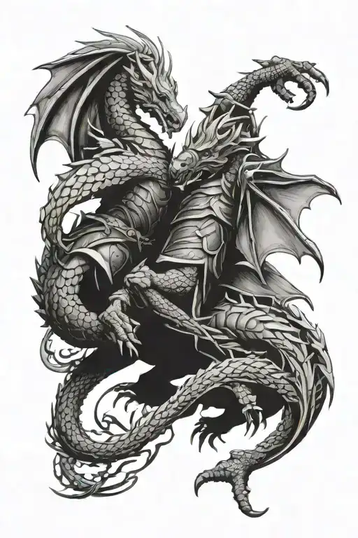 Knights Fighting Dragon Intertwined