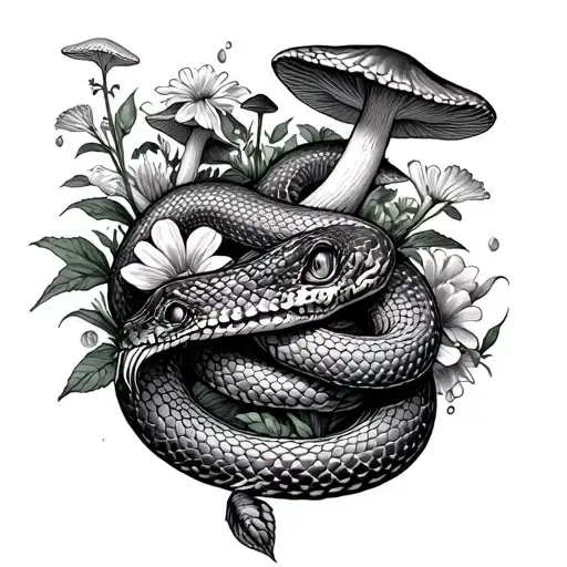 Snake Wrapping Around Forearm Surrounded By Mushrooms And Flowers