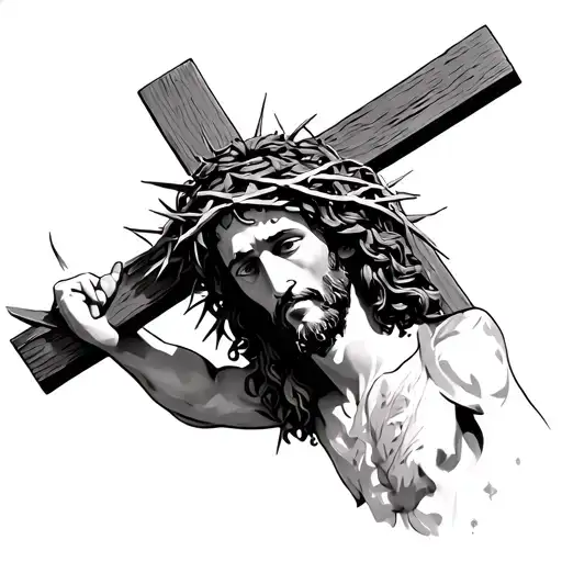 Crown Of Thorns Around A Cross With Jesus Holding It On His Back
