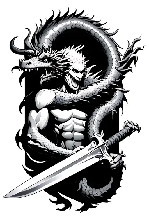 Dragon Wrapped Around Man Holding Sword