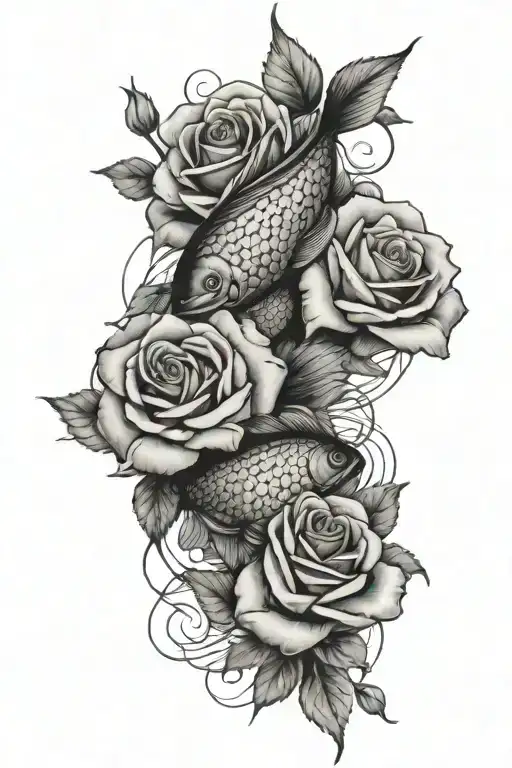 Forearm Tattoo With Roses And Fish Swimming