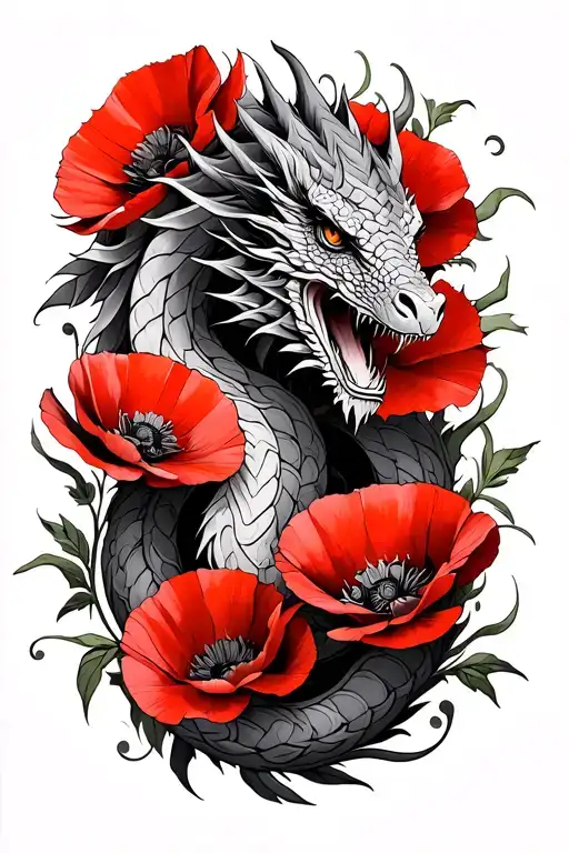 Celtic Dragon Coiled Around Red Poppies