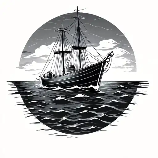 Boat Floating On A Water Line