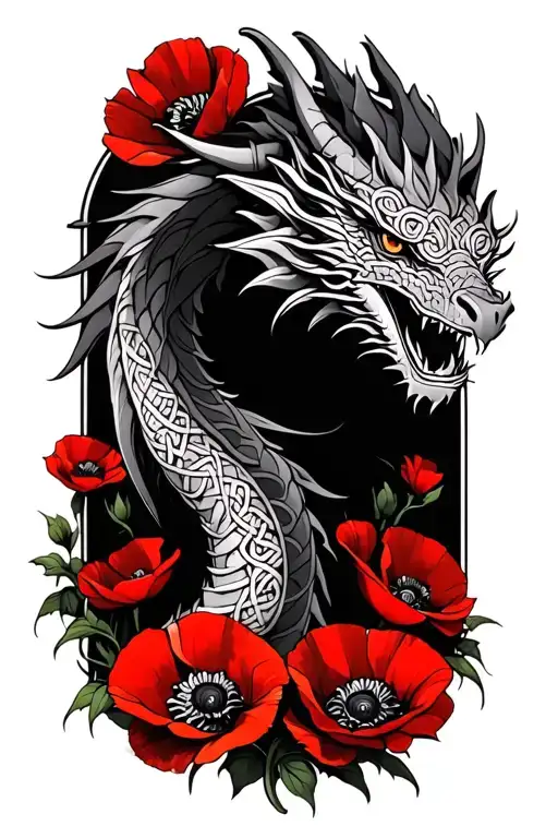 Celtic Dragon Sureounded By Red Poppies