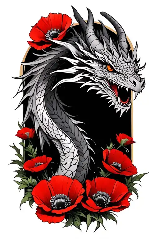 Celtic Dragon Sureounded By Red Poppies