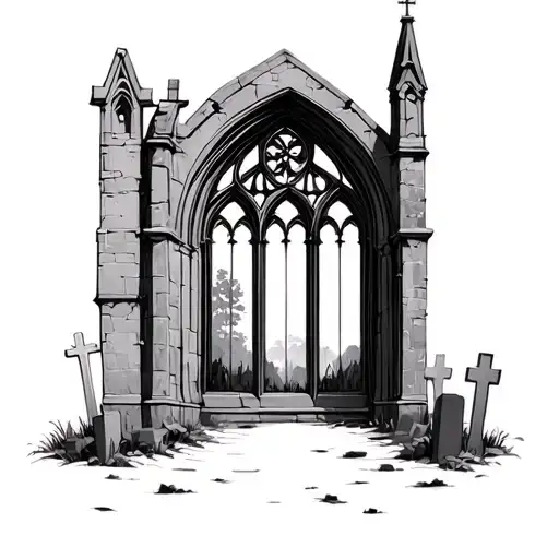 Gothic Church Window With Graveyard Outside